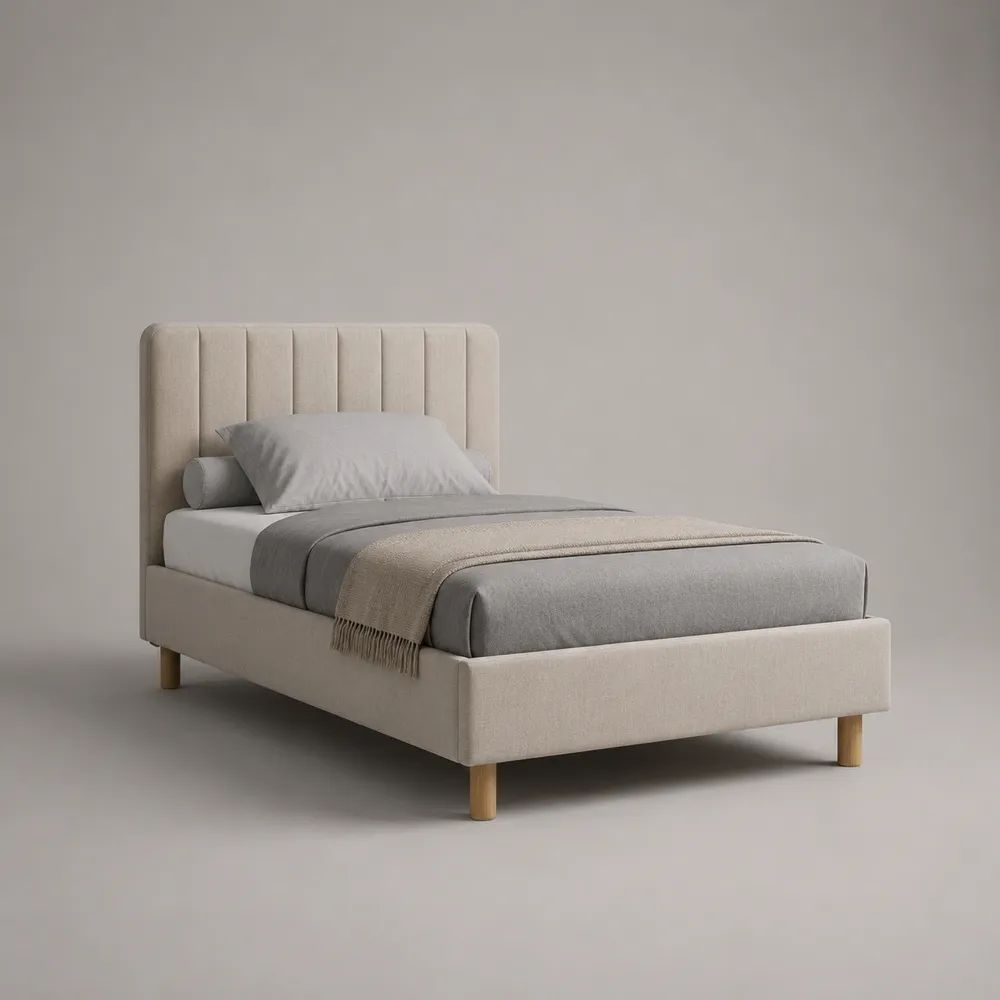 Lit simple 90 × 190 cm en tissu beige avec tête de lit rembourrée, sommier à lattes et pieds en bois clair, 204 × 100 × 110 cm