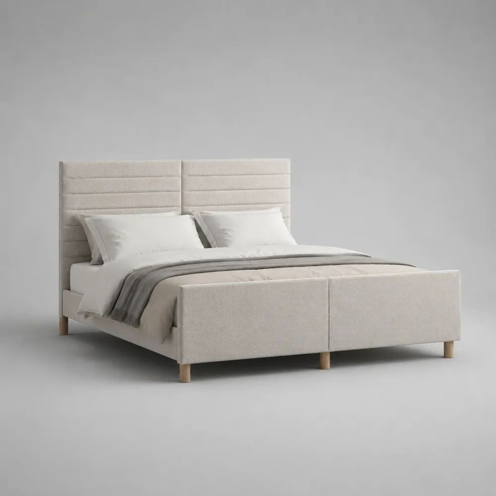 Lit double rembourré 160 x 200 cm en tissu bouclé blanc cassé avec tête de lit et pieds en bois naturel