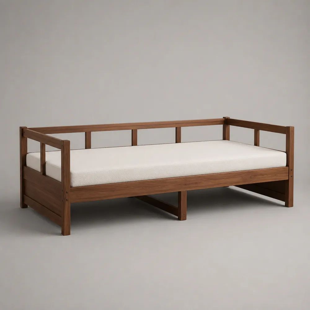 Lit banquette 1 place en bois massif avec matelas en mousse, brun noyer et écru, couchage 90 × 190 cm
