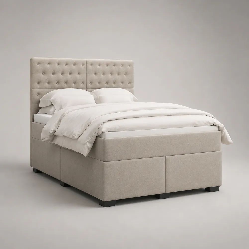 Ensemble lit double rembourré beige 160 x 200 cm avec tête de lit capitonnée et sommier tapissier, 215 x 168 x 140 cm
