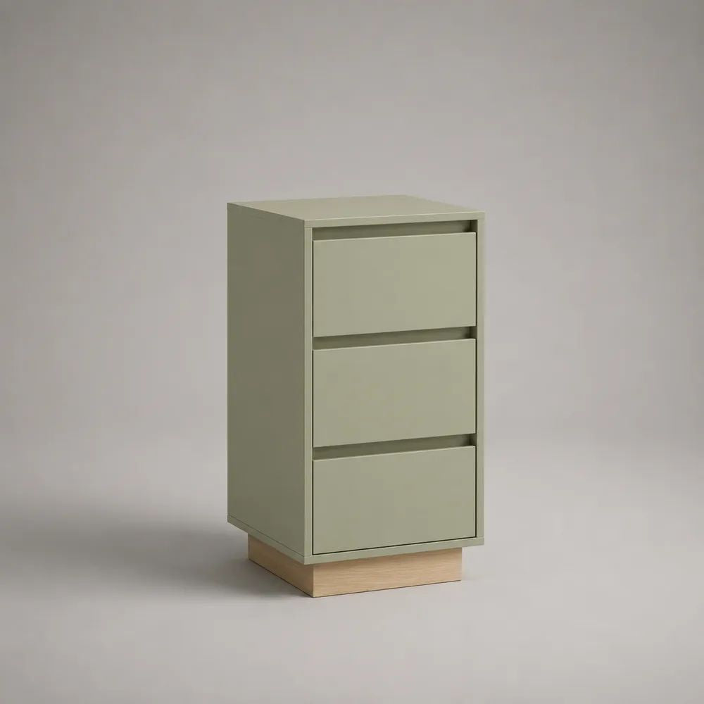 Table de chevet étroite à 3 tiroirs en MDF vert sauge avec socle en pin massif, 40 × 35 × 75 cm