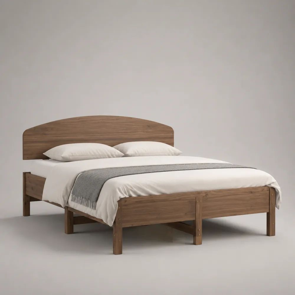 Lit double 160 x 200 cm en pin massif teinté noyer avec tête de lit et sommier à lattes