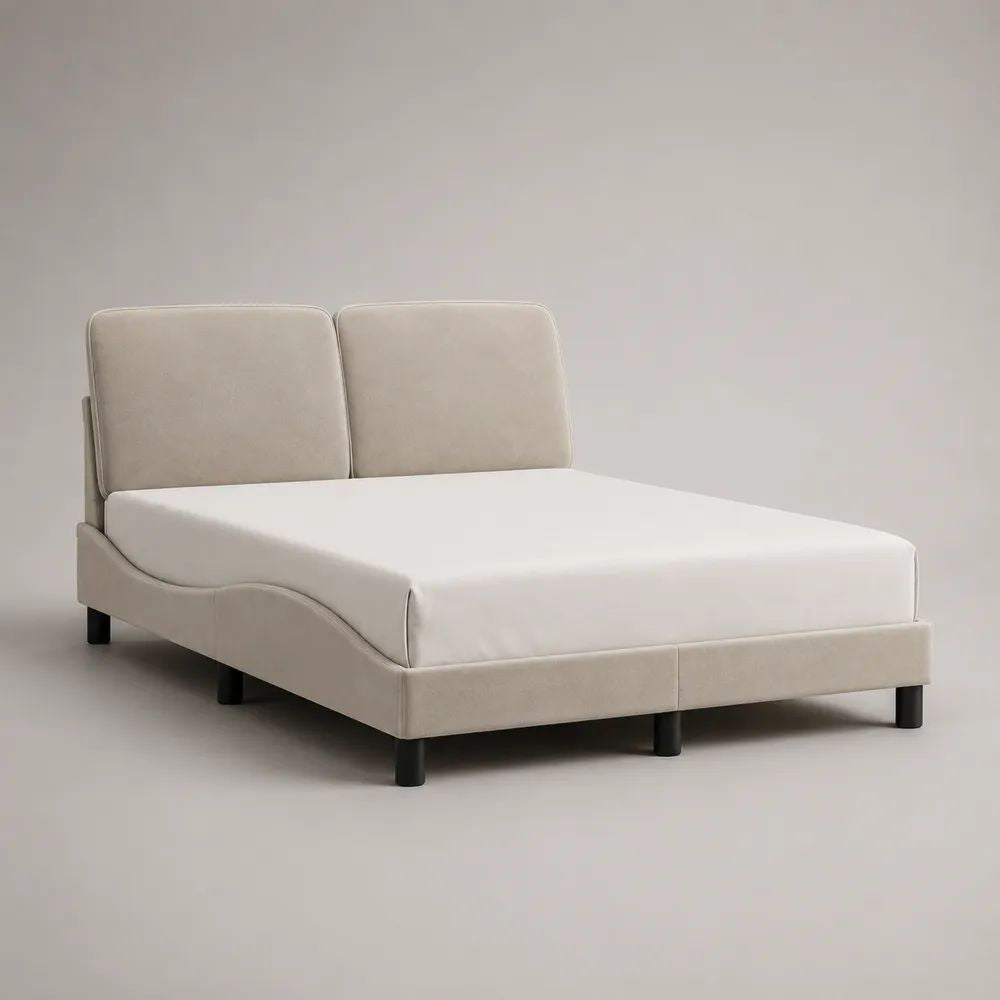 Lit double rembourré 160 × 200 cm en velours polyester beige avec tête de lit et sommier à lattes