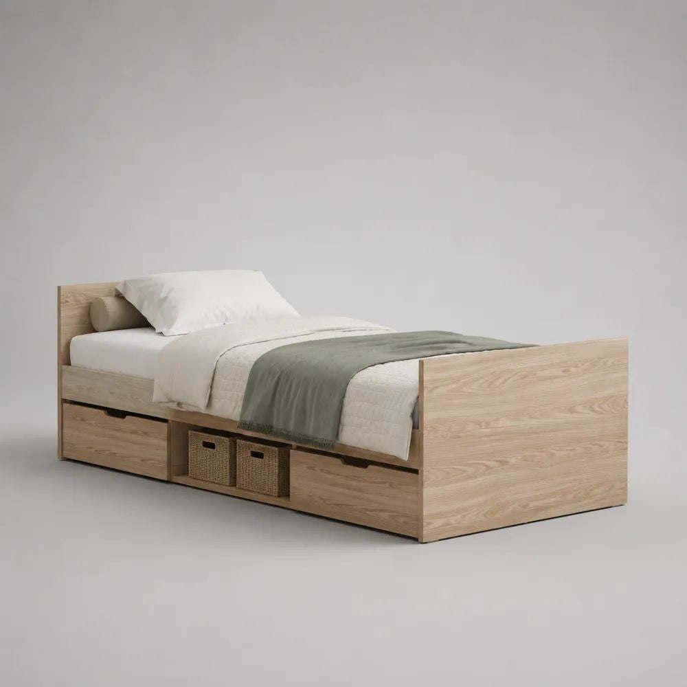 Lit simple 90 × 190 cm en bois décor chêne naturel avec sommier, 2 tiroirs et niche