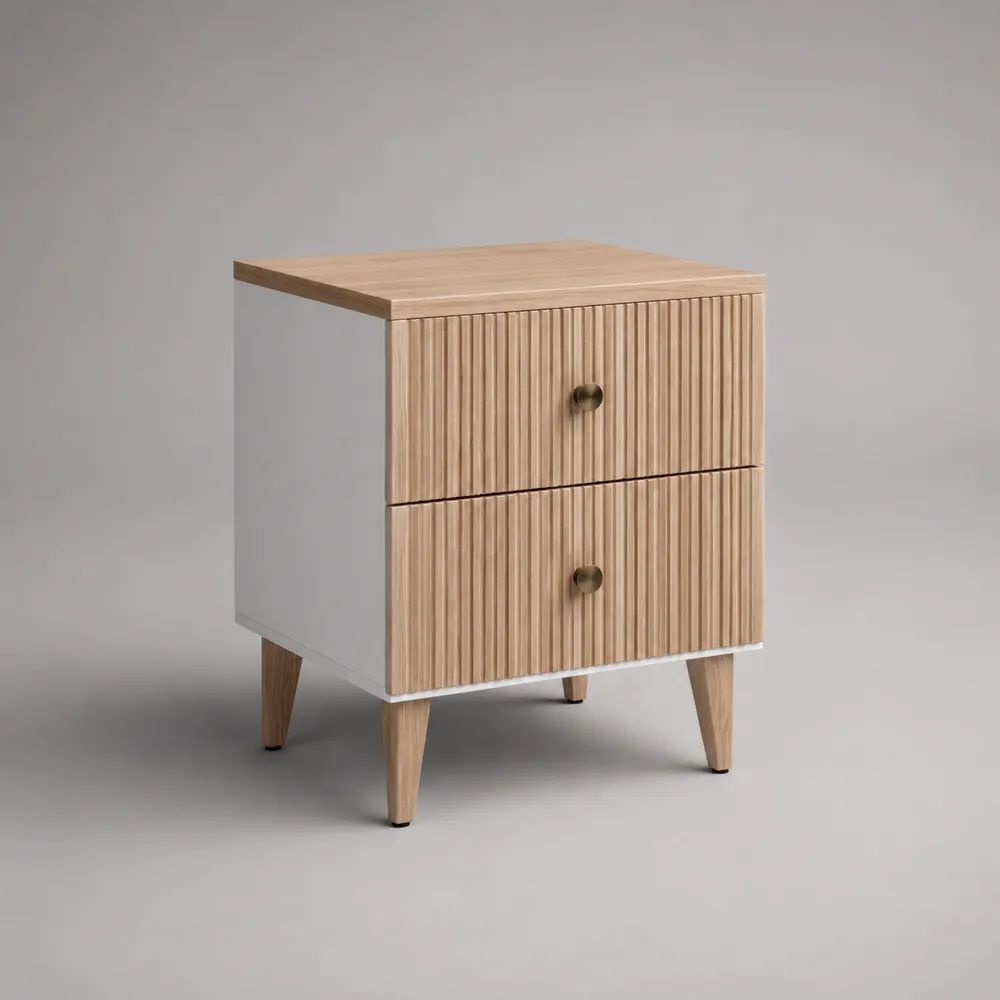 Table de chevet rectangulaire en bois et métal à 2 tiroirs, bois naturel et blanc, 45 × 40 × 60 cm
