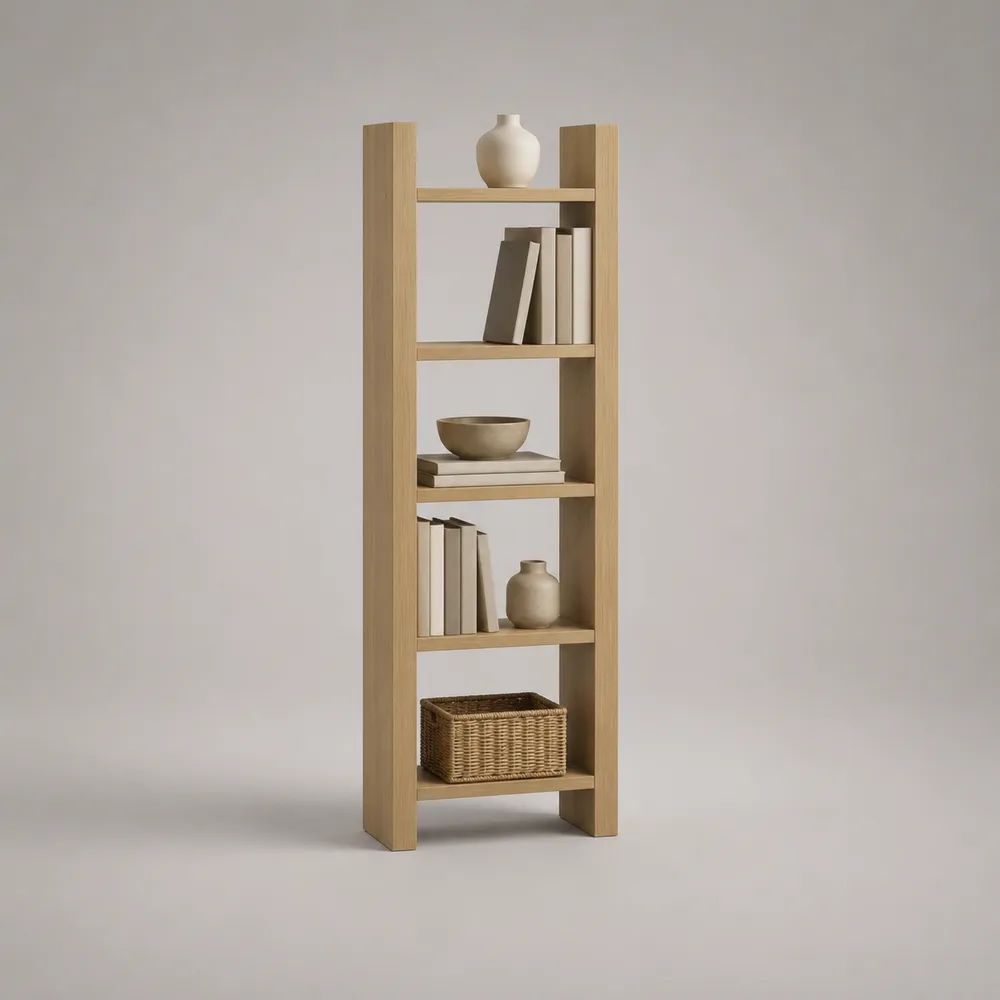 Bibliothèque étroite en bois à 5 niveaux, chêne clair, 60 × 30 × 180 cm