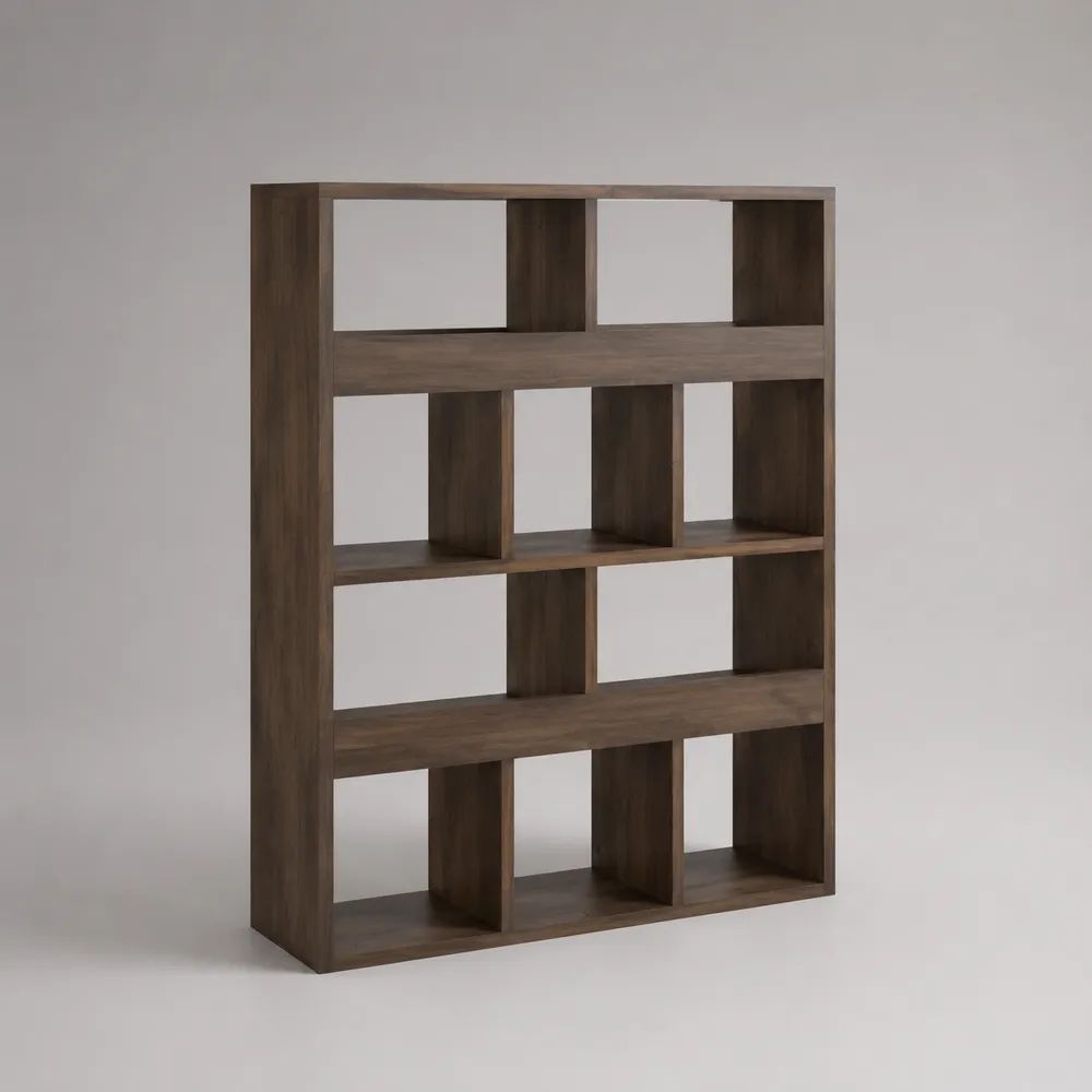 Bibliothèque ouverte en panneaux de particules, 10 niches, décor noyer, 100 × 30 × 150 cm