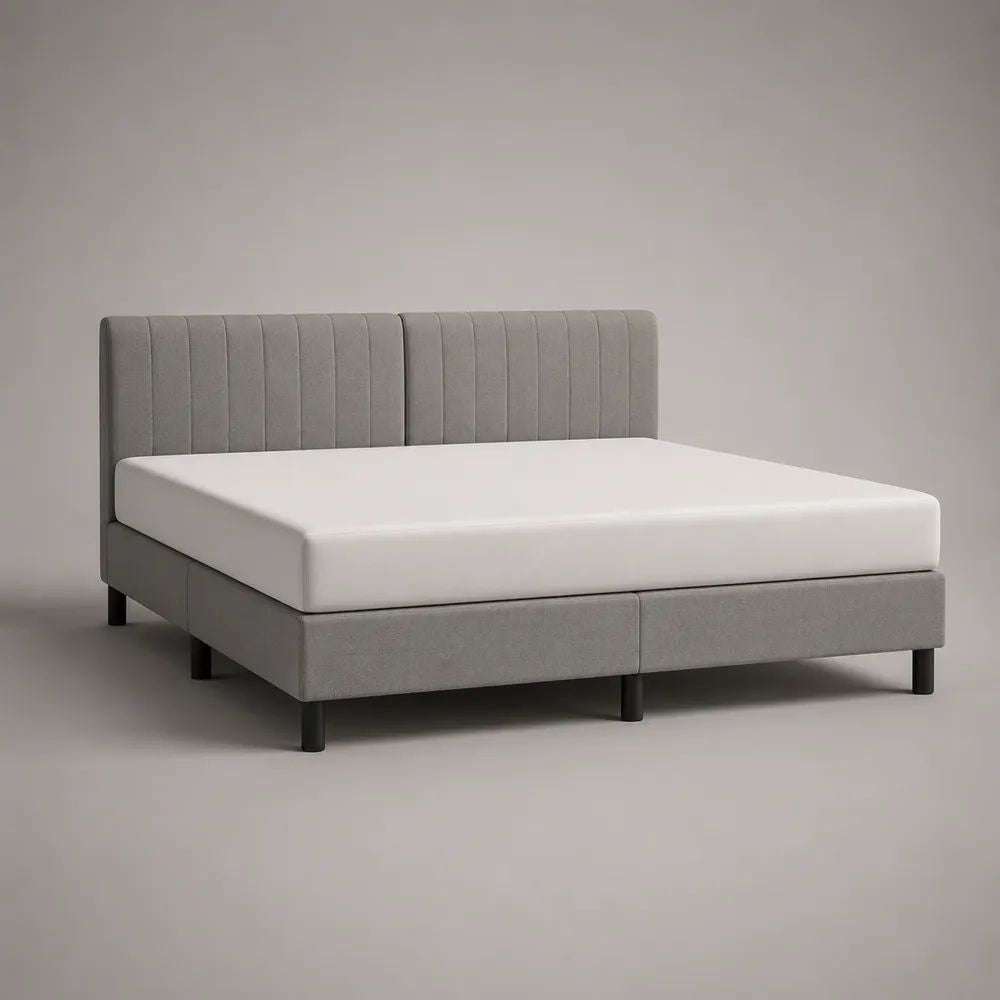Lit double rembourré en tissu gris et noir 160 × 200 cm avec tête de lit cannelée, 210 × 168 × 105 cm