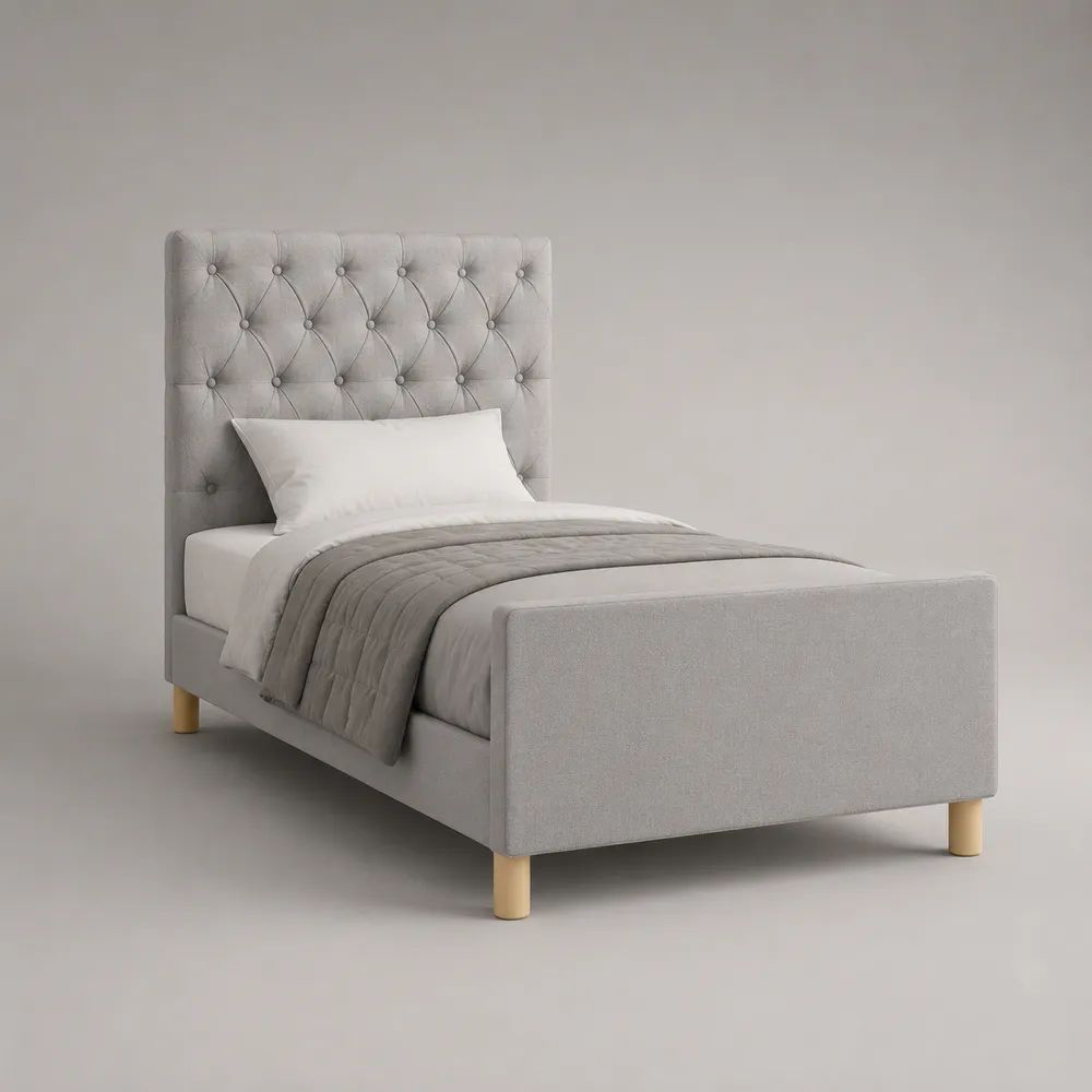 Lit simple capitonné en polyester gris clair et bois naturel, couchage 90 x 190 cm, dimensions 205 x 100 x 120 cm, avec tête de lit et sommier à lattes