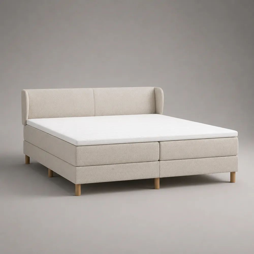 Lit boxspring double 180 × 200 cm avec 2 sommiers, 2 matelas, surmatelas et tête de lit en tissu beige clair