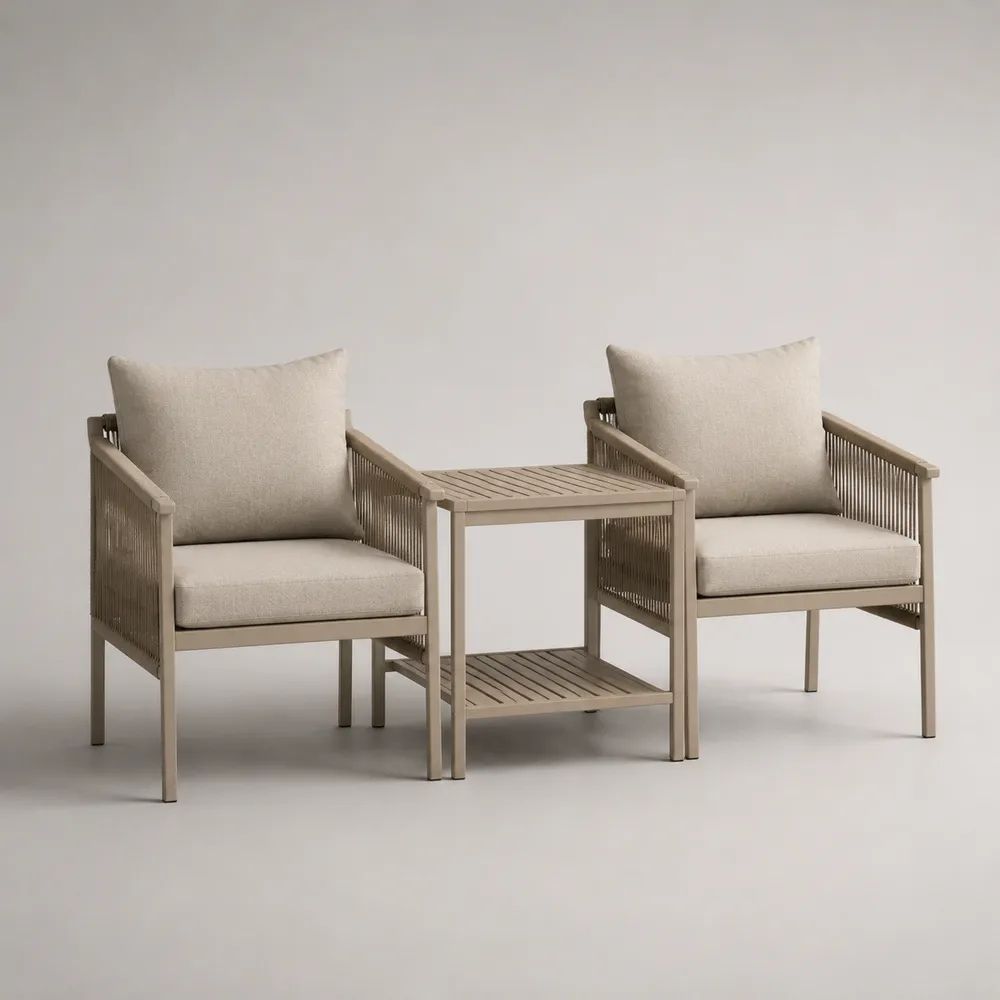 Salon de jardin extérieur 3 pièces beige clair et grège avec 2 fauteuils en aluminium et corde et table carrée, fauteuils 68 × 72 × 78 cm, table 50 × 50 × 52 cm