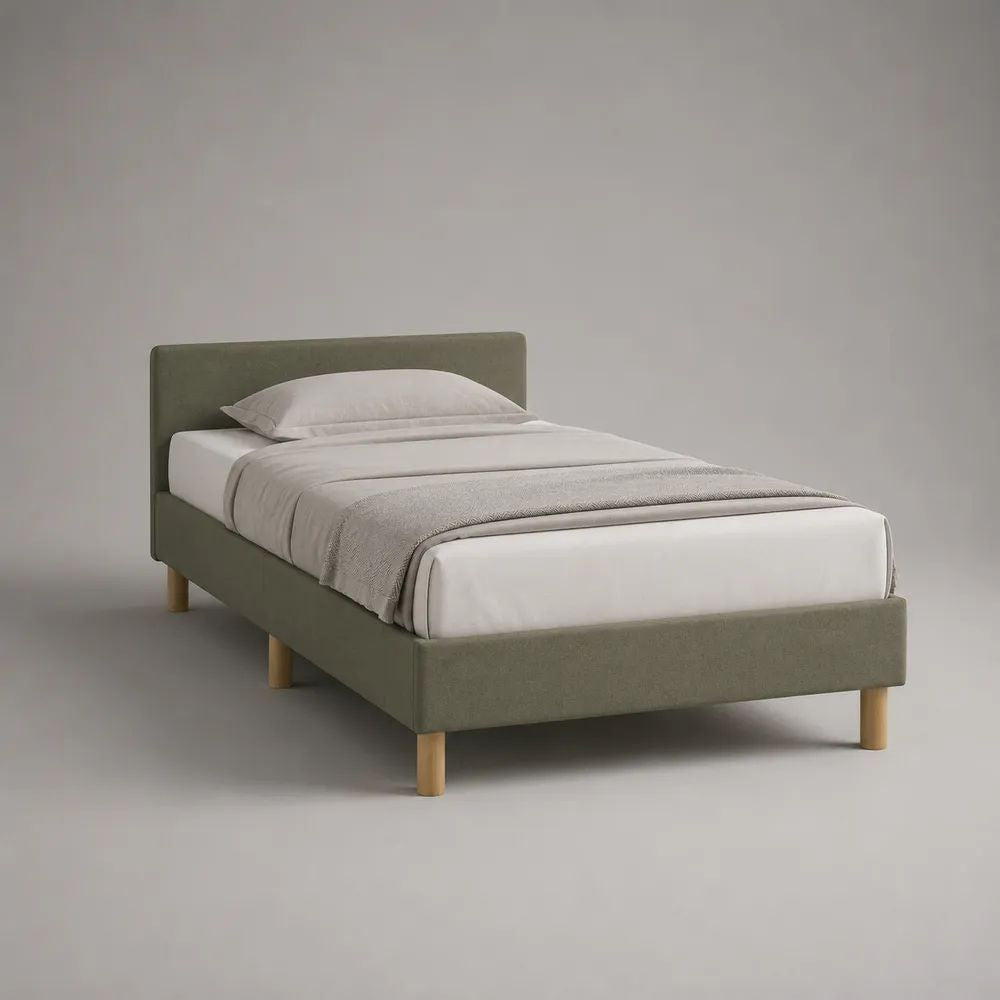 Lit simple 1 place rembourré en polyester vert olive avec sommier à lattes, 101 × 203 × 90 cm, couchage 90 × 190 cm