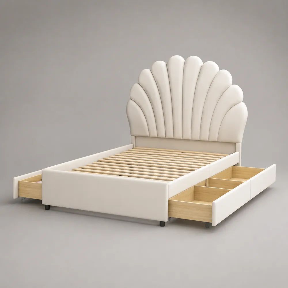 Lit double rembourré 160 × 200 cm en velours polyester blanc cassé avec tête de lit coquillage et 2 tiroirs