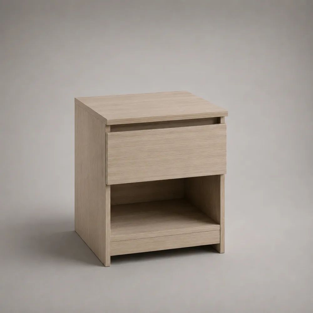 Table de chevet rectangulaire en panneaux de particules mélaminés, chêne clair, avec 1 tiroir et 1 niche, 45 × 40 × 55 cm