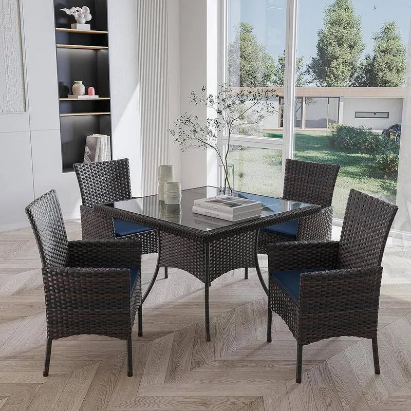 5 pièces Ensemble de repas à l'intérieur 5 pièces, Trou parapluie, Table en verre trempé, Extérieur, Brun, Marine, Ensembles repas de jardin