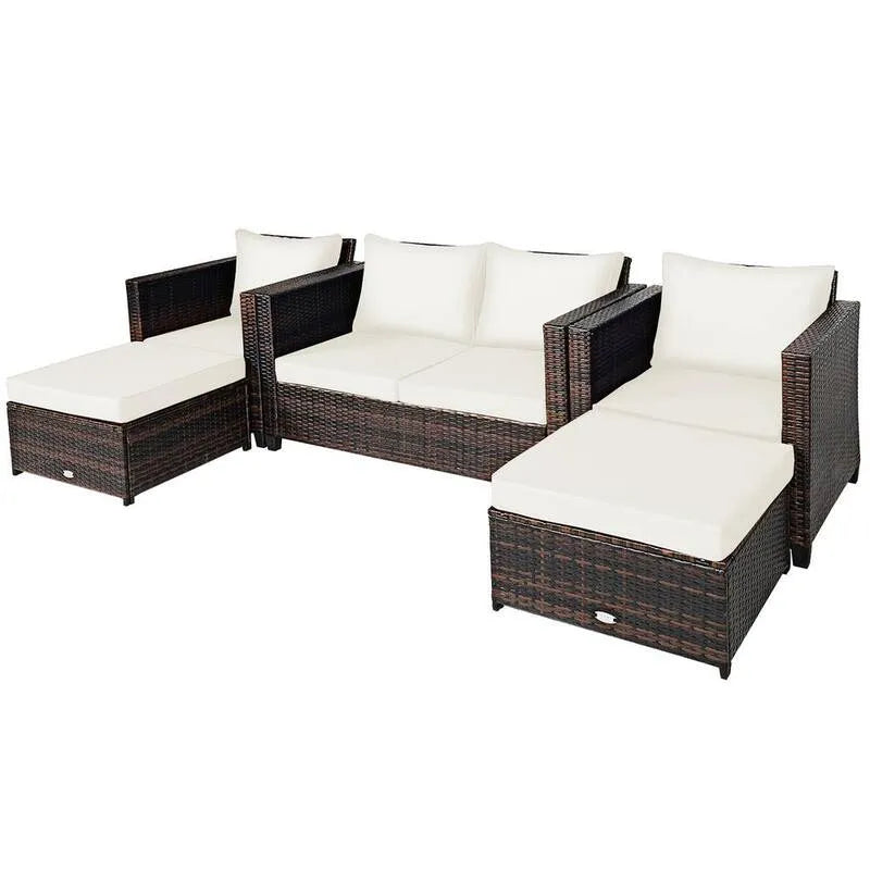 5 pièces Set de section extérieure en plastique en osier 5 pièces, ensemble de section extérieure en osier en plastique avec coussins blancs