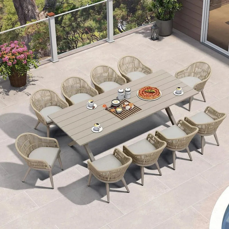 Ensemble de repas extérieur rectangulaire de PE Rattan, 11 pièces, Champagne, aluminium, 11 pièces, Dossier classique de Champagne, Ensembles repas de jardin