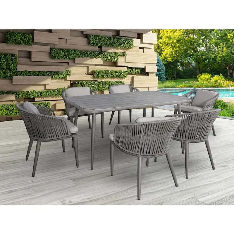 7 pièces Ensemble de salle à manger en aluminium extérieur, 7 pièces, ensemble de salle à manger en aluminium extérieur avec coussins gris