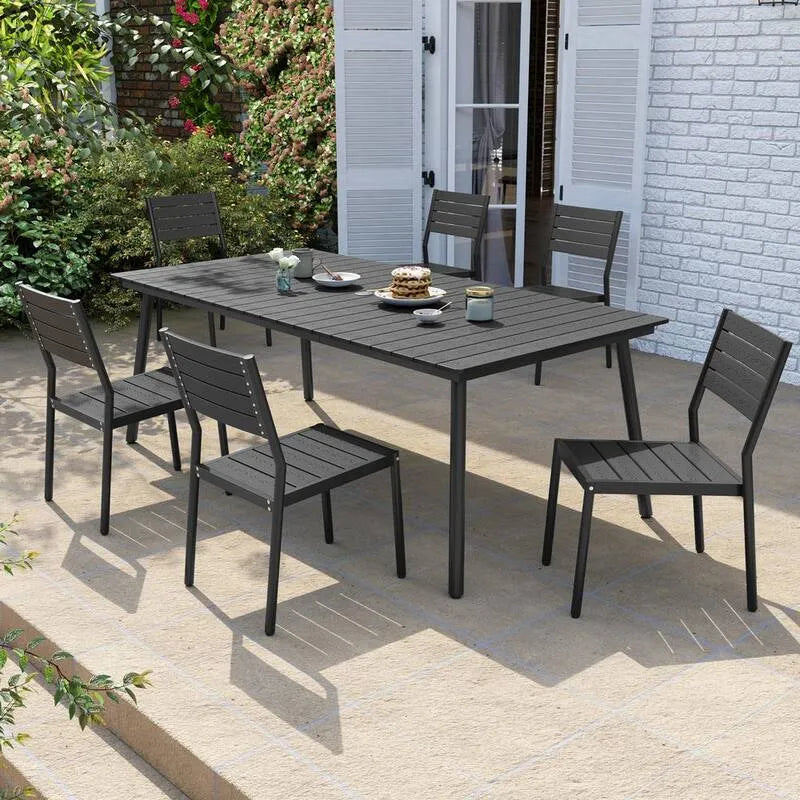 Ensemble de repas extérieur en aluminium composite en bois, noir, empilable
