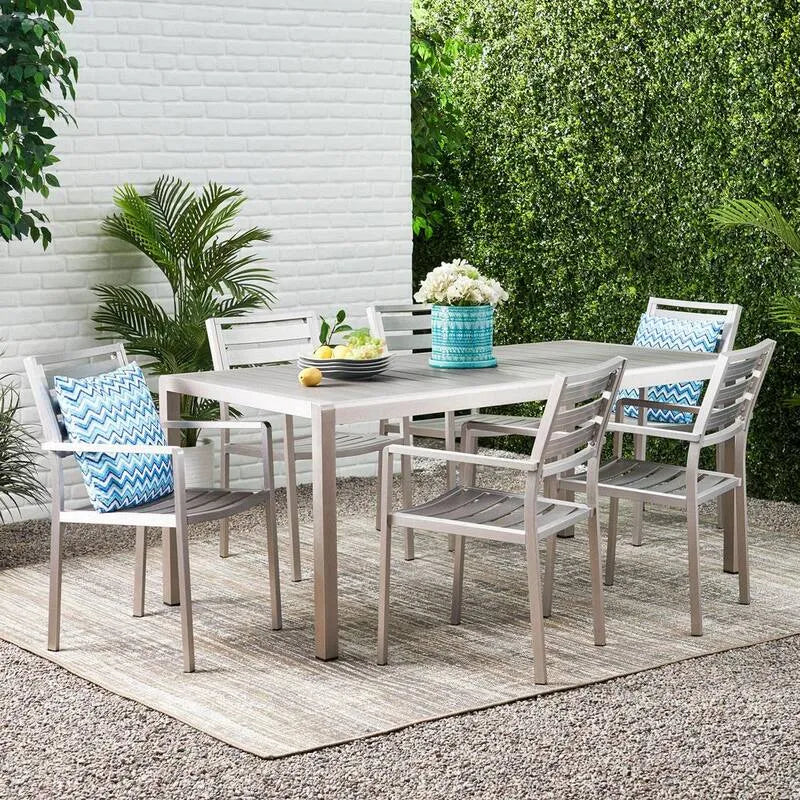 7 pièces Ensemble de repas en métal rectangulaire extérieur à patio 7 pièces, cap, argent