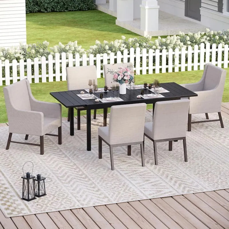 7 pièces Ensemble de repas extérieur en métal à patio 7 pièces, ensemble de repas extérieur en métal avec table extensible et tissu Textile rembourré