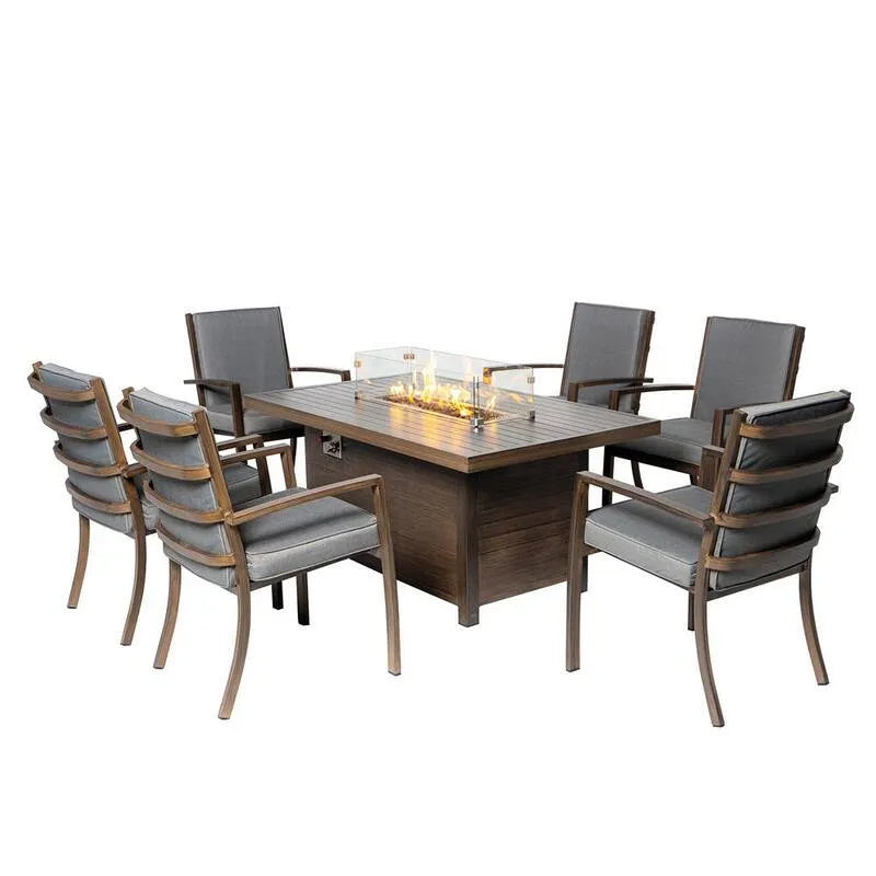 7 pièces Ensemble de repas en aluminium à 7 pièces, ensemble de repas extérieur en aluminium à 7 pièces avec coussin gris et table de cheminée, extérieur, Ensembles repas de jardin