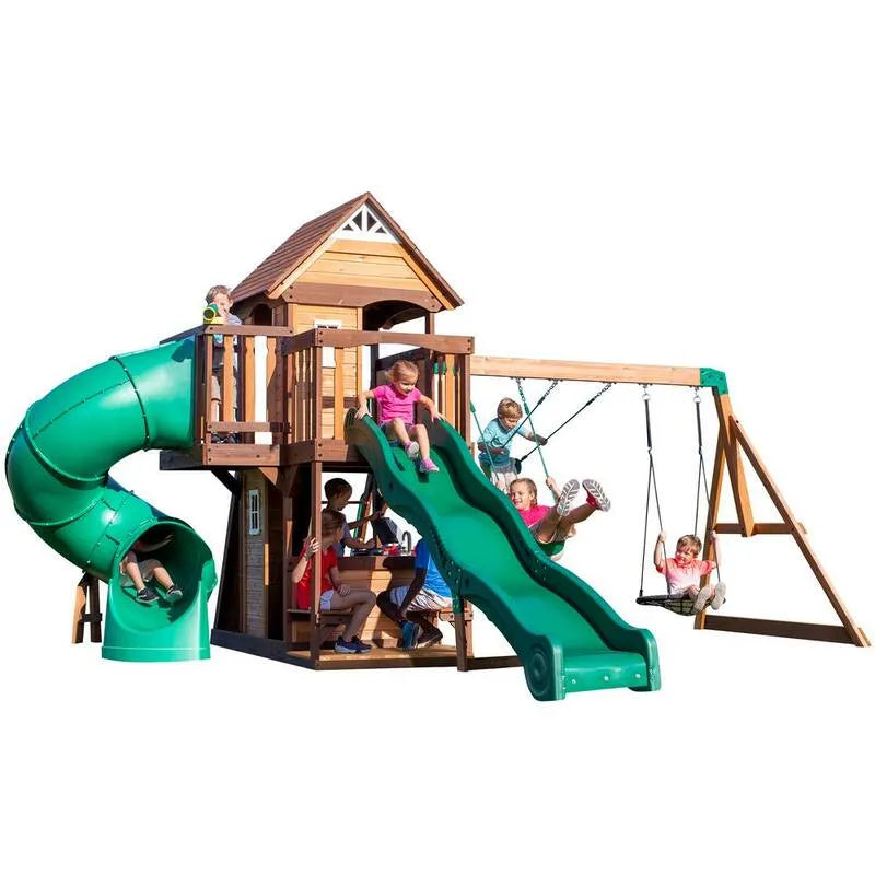Backyard Discovery, Cedar Cove Tous les enfants de bois de cèdre et #x27; s Swing Set Playset avec tube Slide Wave Slide Eleved Clubhouse Swings et Web Swing, Marron, jeux de swing