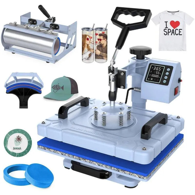 SEEUTEK, 5-in-1 Tinay T-shirt bleu clair 5-en-1 Machine à presse à chaleur 12 poucesx 15 po. 360° Swing Away Digital avec 30 oz., machines à radoub, 12 in., 15 in, 12 in.