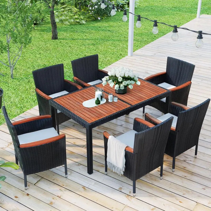7 pièces Ensemble de restaurants en bois et en osier, 7 pièces, empilable, brun, beige