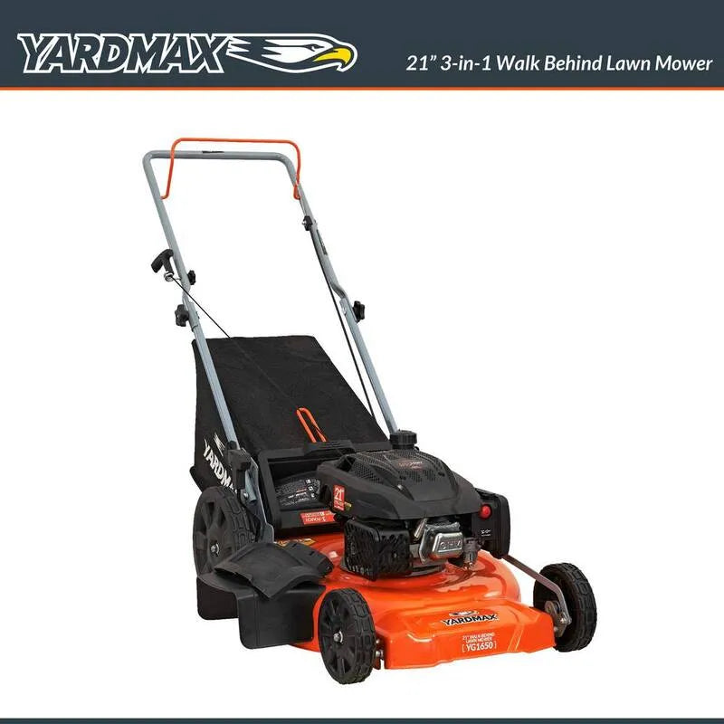 YARDMAX, 3-in-1 21 po 170cc 3-en-1 marche à gaz derrière pousser Tondeuse à gazon avec roues arrière haute, Noir, Towers à gazon, 21 in