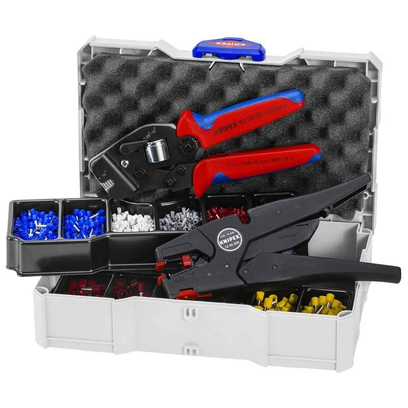 Kit de sertissage, décapant d'isolation autoréglage et assortiment de ferrules de fil avec/sans col