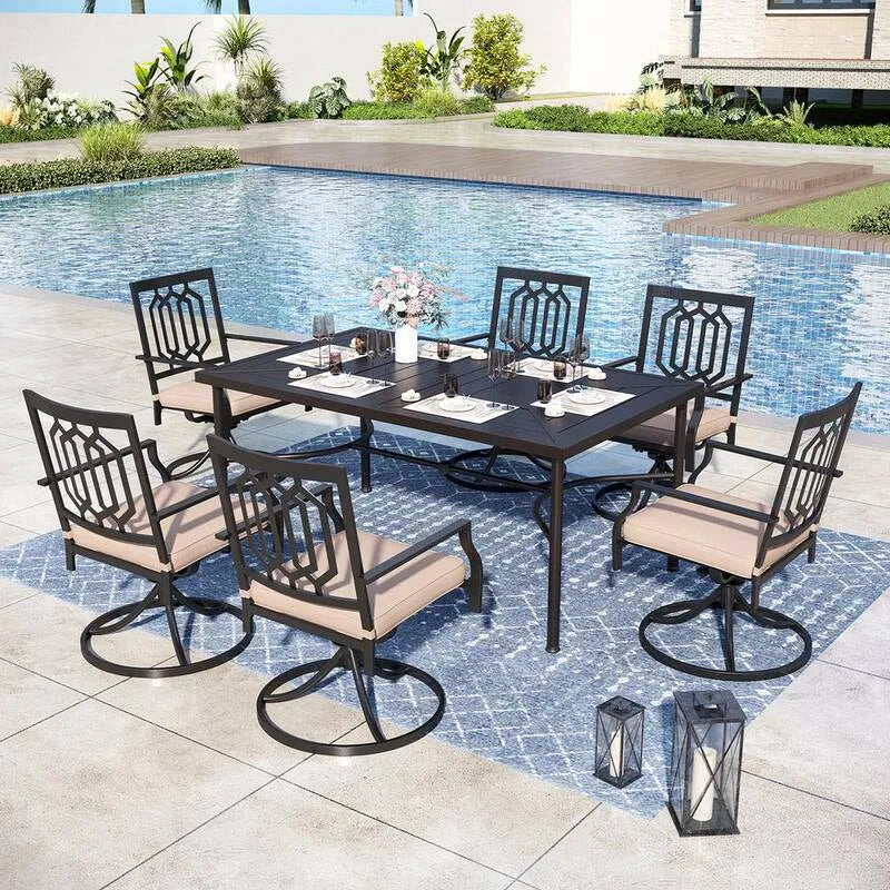 7 pièces Ensemble de repas en métal extérieur à patio 7 pièces, noir, beige