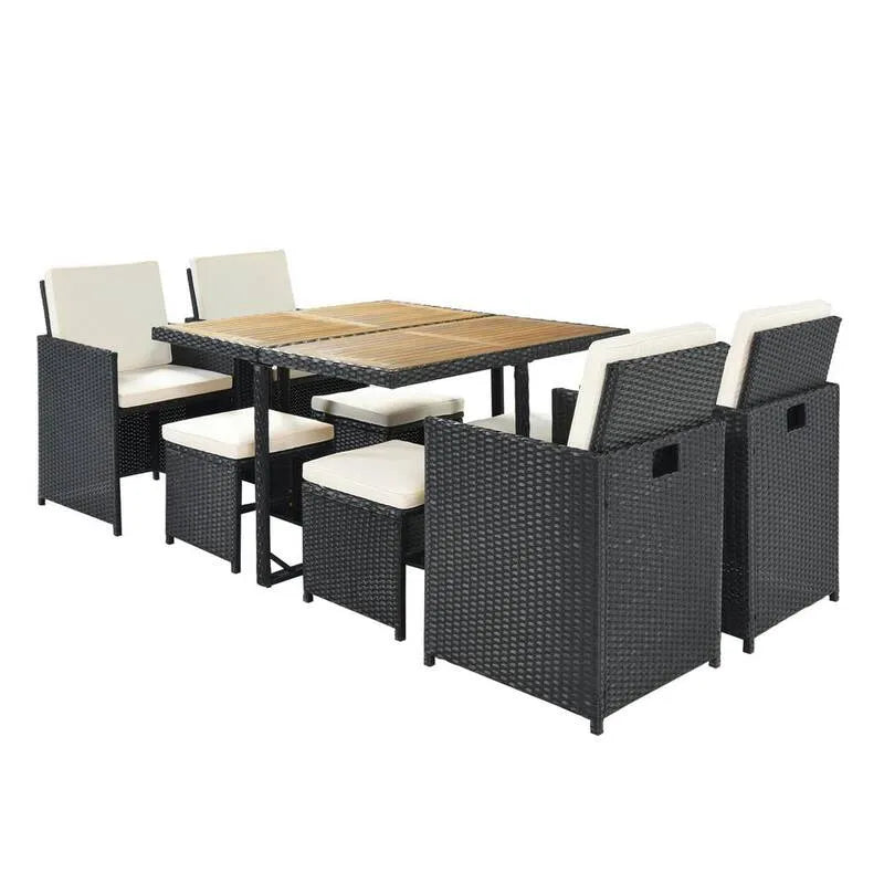 9 pièces Ensemble de repas extérieur en wick noir 9 pièces, ensemble de repas extérieur en wick noir avec coussin beige