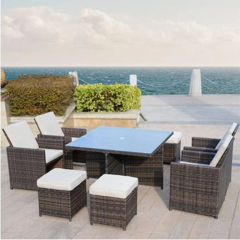 9 pièces Set de repas extérieur en osier à pièces 9 pièces, Penny, Ensemble de repas extérieur en osier brun avec coussin beige