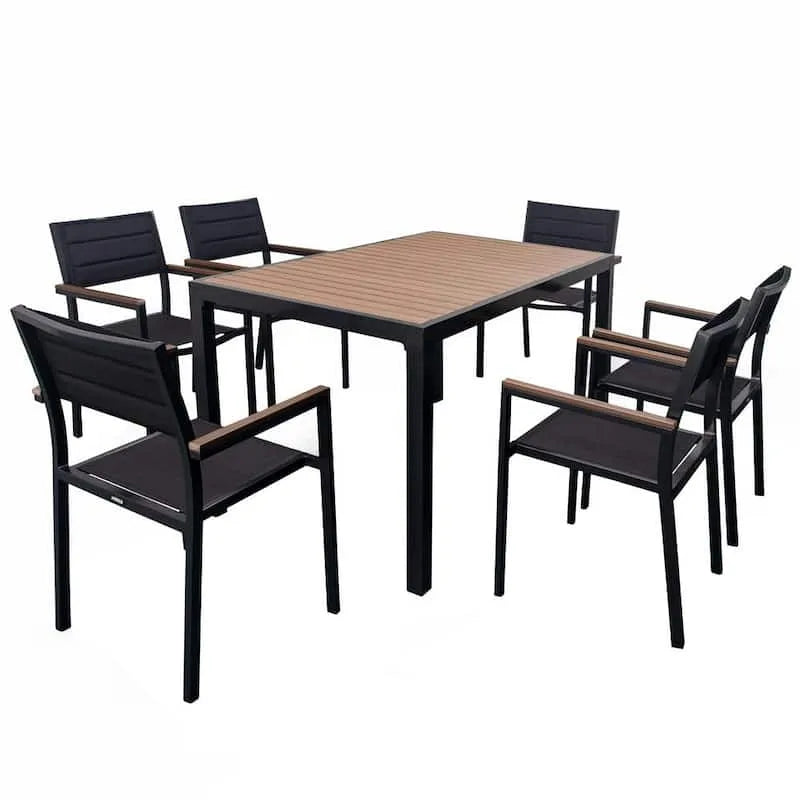7 pièces Ensemble de salle à manger en aluminium rectangulaire extérieur 7 pièces, Ann, noir