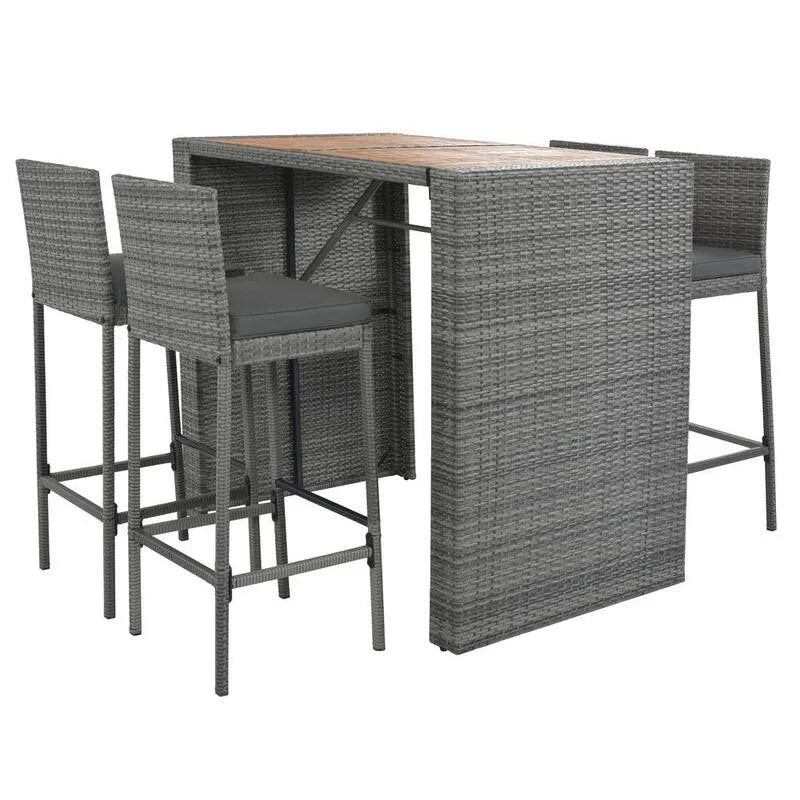 5 pièces Set de barre de service extérieur en osier à 5 pièces, ensemble de barre de service extérieur en osier avec coussins gris, Ensembles repas de jardin