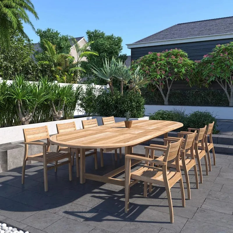 Salon de jardin Carter 9 pièces en teck avec table ovale à double rallonge et 8 chaises