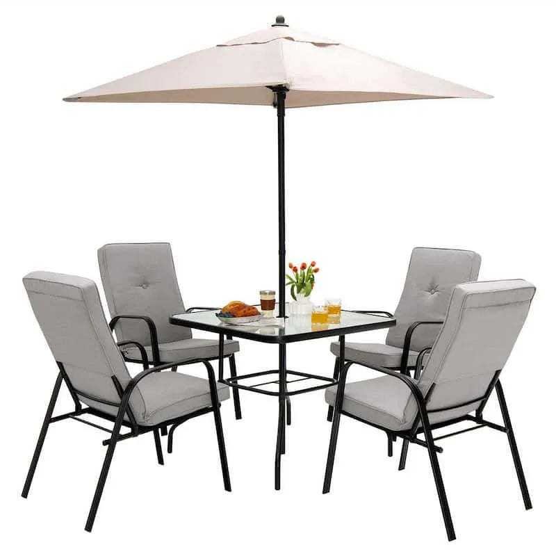 6 pièces Ensemble de repas extérieur en métal à 6 pièces, ensemble de repas extérieur en métal 4 chaises empilables Table en verre carré avec parapluie de coussins beiges