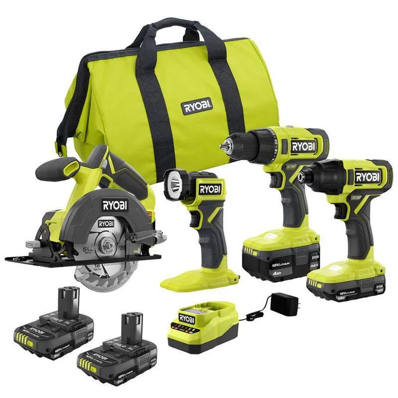4-outil Kit de Combo à 4 outils RYOBI, conception sans fil, 18V, 4, 0 Ah batterie, et gratuite 2. 0 Ah batterie, 1, 5 Ah, 1.5 Ah, 4.0 Ah, 2.0 Ah