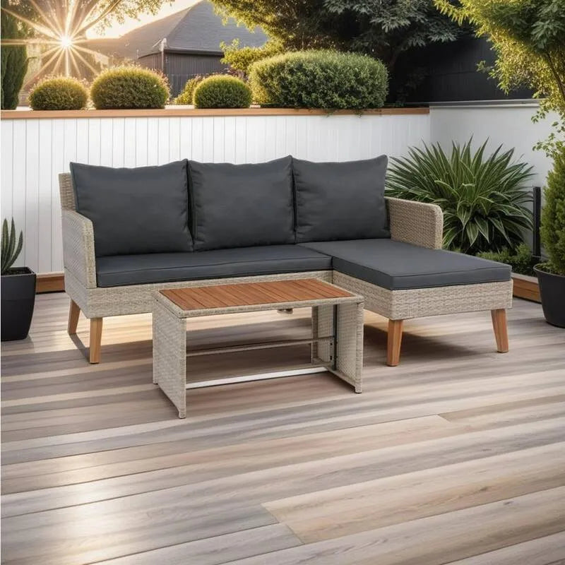 3 pièces Canapé 3-piéce, Table à lattes et coussins arrière, Chaise Lounge avec coussins gris foncé, extérieur