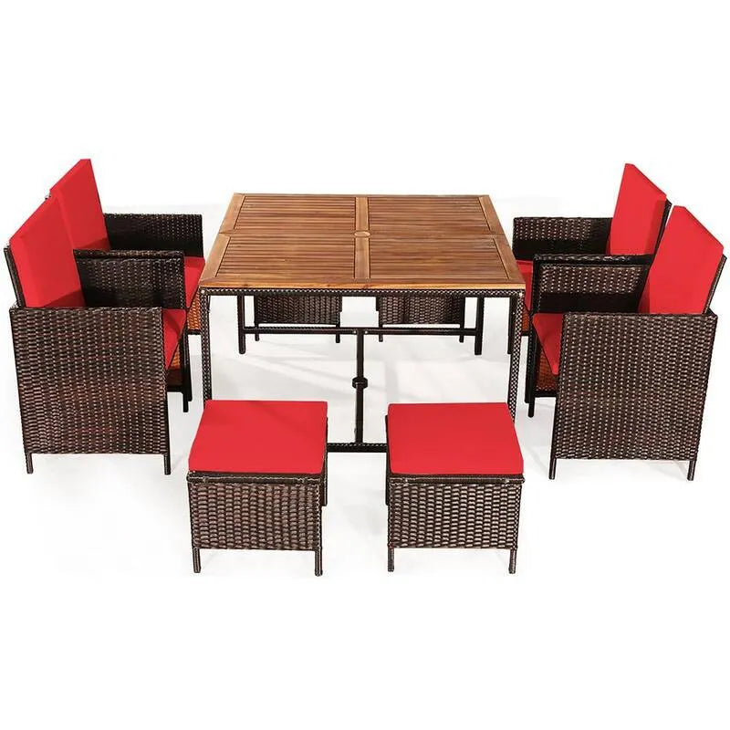 9 pièces Ensemble de repas extérieur carré en osier 9 pièces, 29, 5 po, 29, 5 po. Ensemble de repas extérieur carré en osier avec coussin rouge, 29.5 in