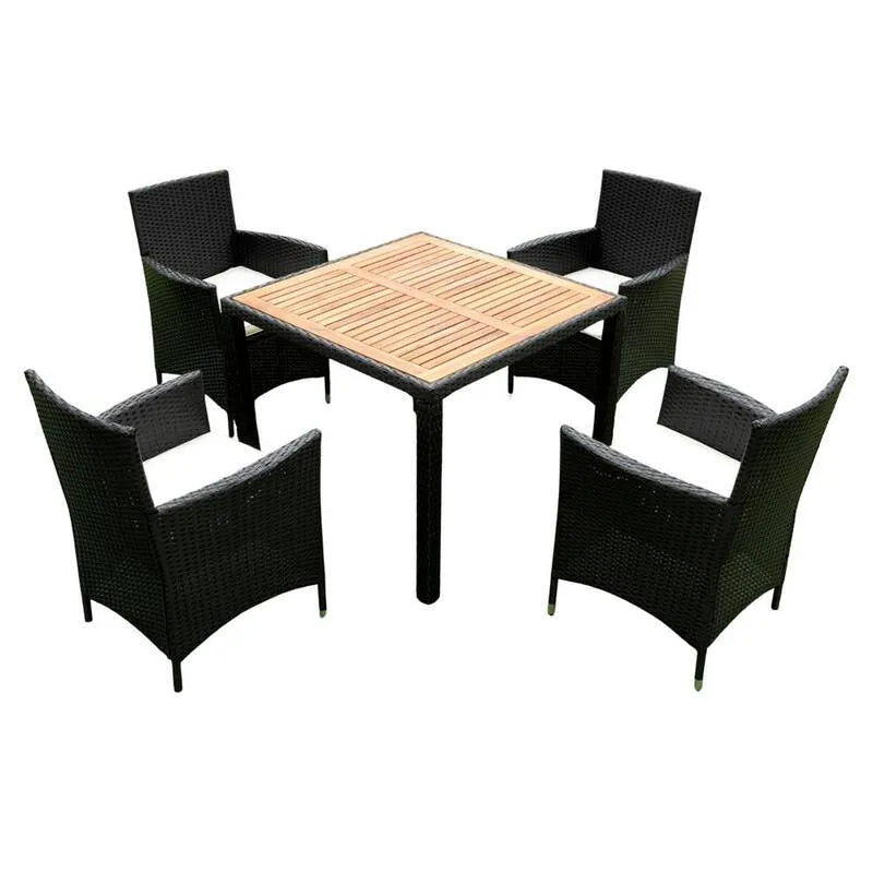 5 pièces Table en bois carré en pièces, Table en bois carré en pièces, Ensemble de repas extérieur en bois carré en pièces avec coussin en crème, extérieur
