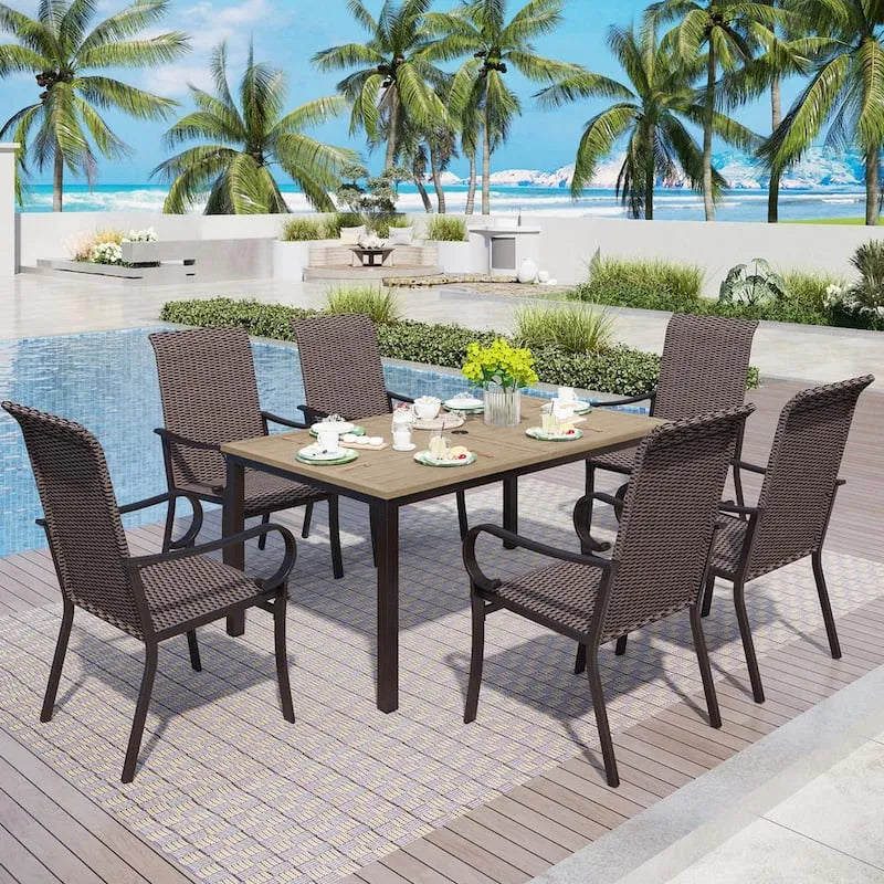 7 pièces Ensemble de repas extérieur en métal à 7 pièces, ensemble de repas extérieur en métal avec table rectangulaire marron et chaises en rotin brun