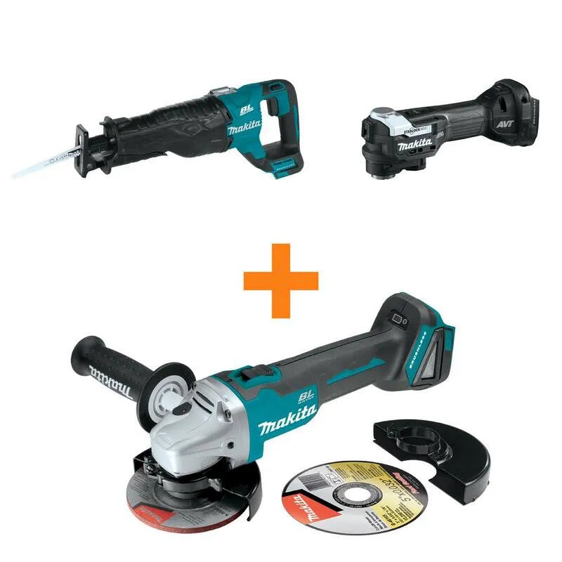 Makita, 18V LXT Lithium-Ion sans balais Scie de récipro et 18V LXT sans balais Multi-Outil avec grindeur d'angle 18V LXT sans balais bonus, 18V