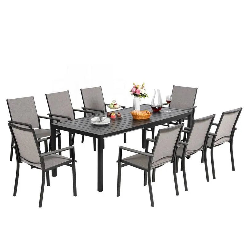 9 pièces Ensemble de repas Patio en pièces 9 pièces, 8 chaises extérieures en métal textile et 78, 8 po. Table extensible en métal, 78, 8 po., 78.8 in