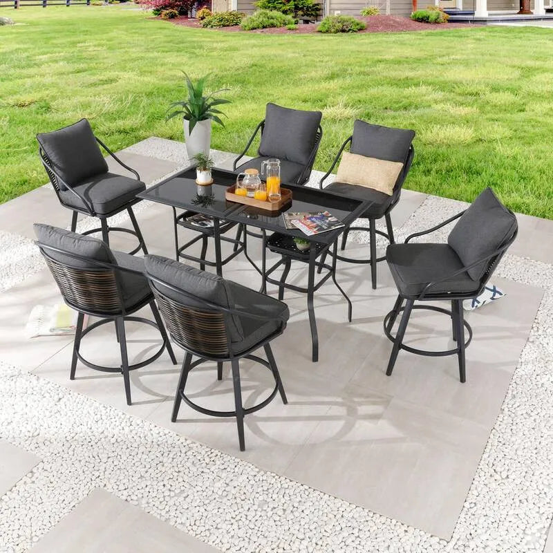 8 pièces Ensemble de repas extérieur de 8 pièces, gris, hauteur de barre métallique