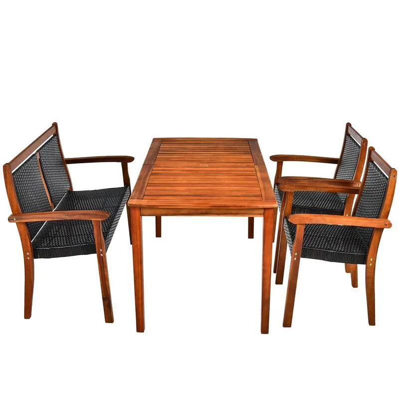 4 pièces Bois Ensemble de repas rectangulaires en plein air 4 pièces, 29, 5 po, brun, noir, 29.5 in