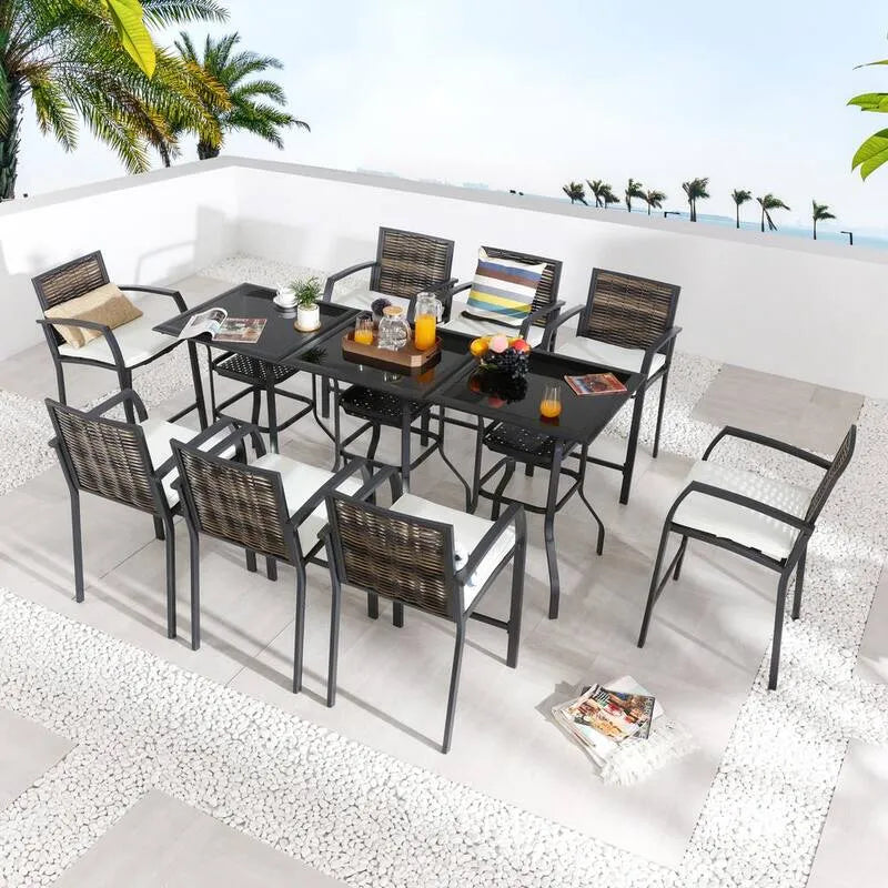 11 pièces résine tressée Bar Hauteur Ensemble de restauration extérieure 11 pièces, Beige, Ensembles repas de jardin