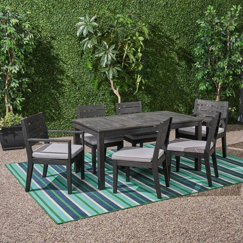 7 pièces Ensemble de repas extérieur en bois de pièce 7 pièces, Sandblass Ensemble de repas extérieur en bois gris foncé avec coussins gris clair, Nestor