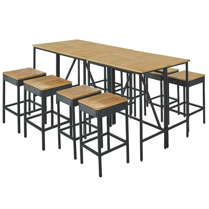 10 pièces Ensemble de barre de patio extérieur en osier noir 10 pièces, brun, bois